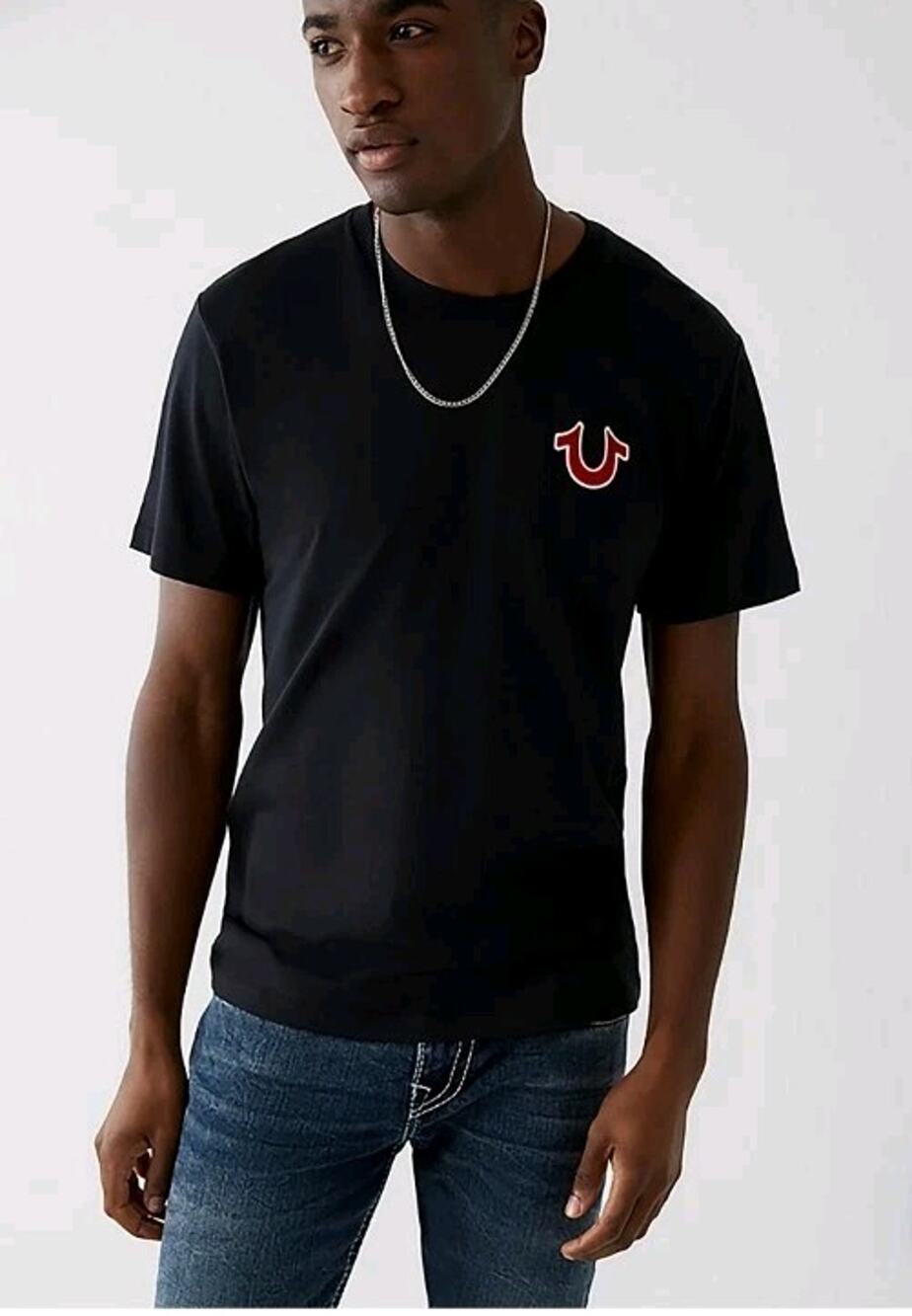 True Religion Y2K Buddha Guitar Logo Graphic Tee Men M Black Cotton Streetwear